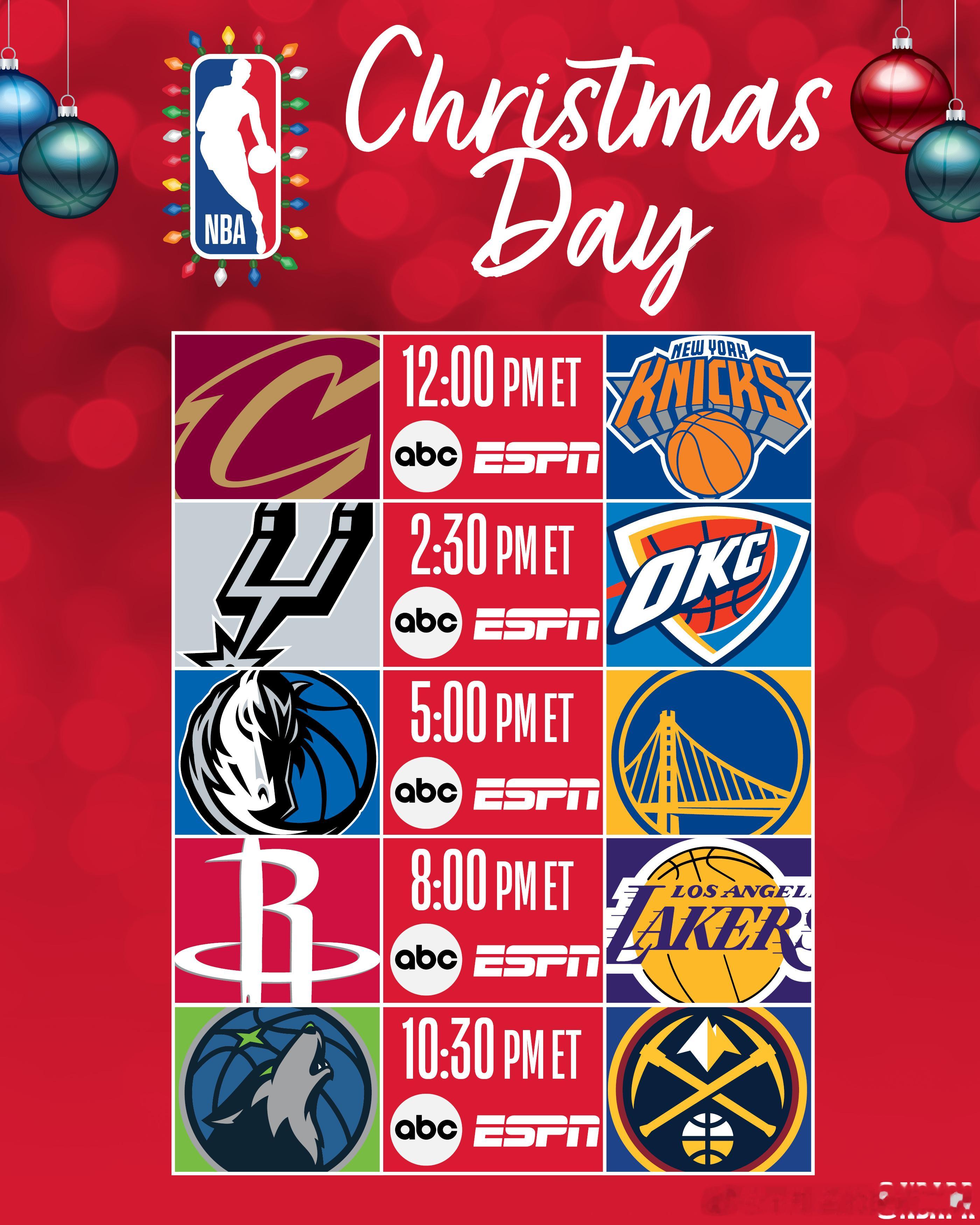 NBA[超话]  新赛季圣诞大战比赛安排，火箭VS湖人，重回圣诞档 ​​​