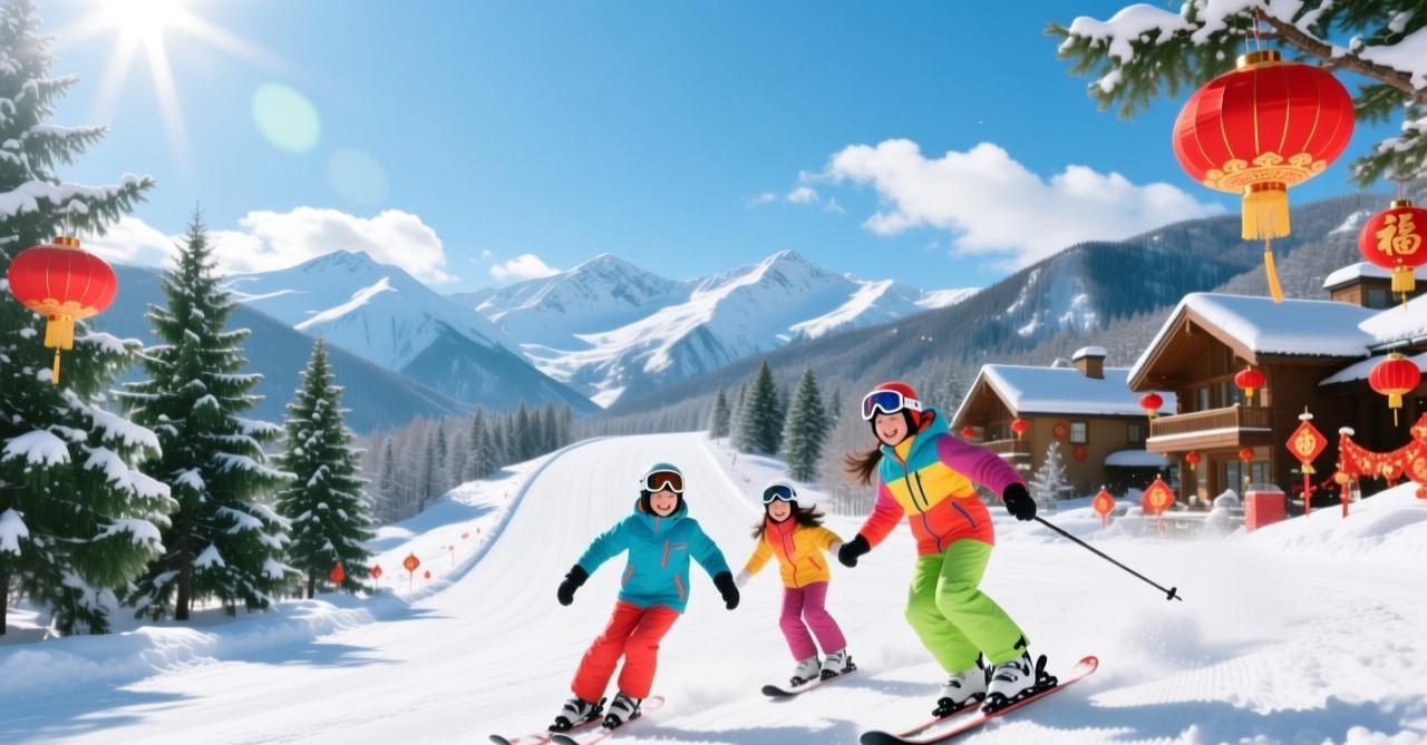 阳光明媚的雪山度假村，一家人在雪道上欢快滑雪，蓝天白云映衬着皑皑雪山，周围点缀着