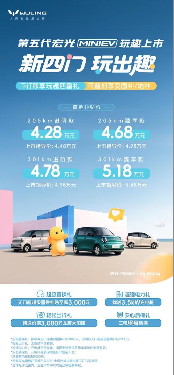 第五代五菱宏光miniev价格来了！
提供四款配置车型
置换补贴价4.28-5.
