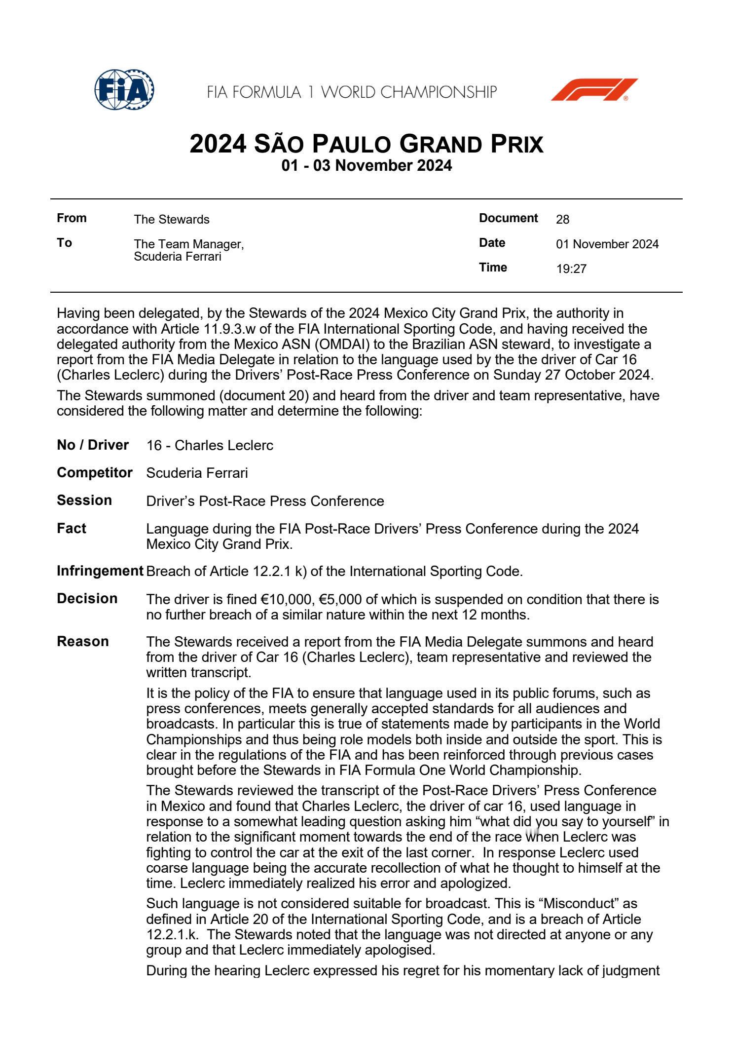 勒克莱尔由于在墨西哥城大奖赛赛后新闻发布会上说脏话（F**k）被罚款1万欧元，其