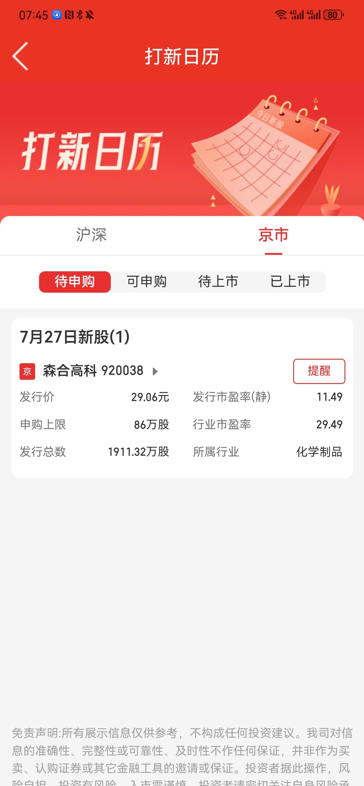 明天（27日），森合高科在北交所发行，价格29.06元，市盈率11.49倍，行业