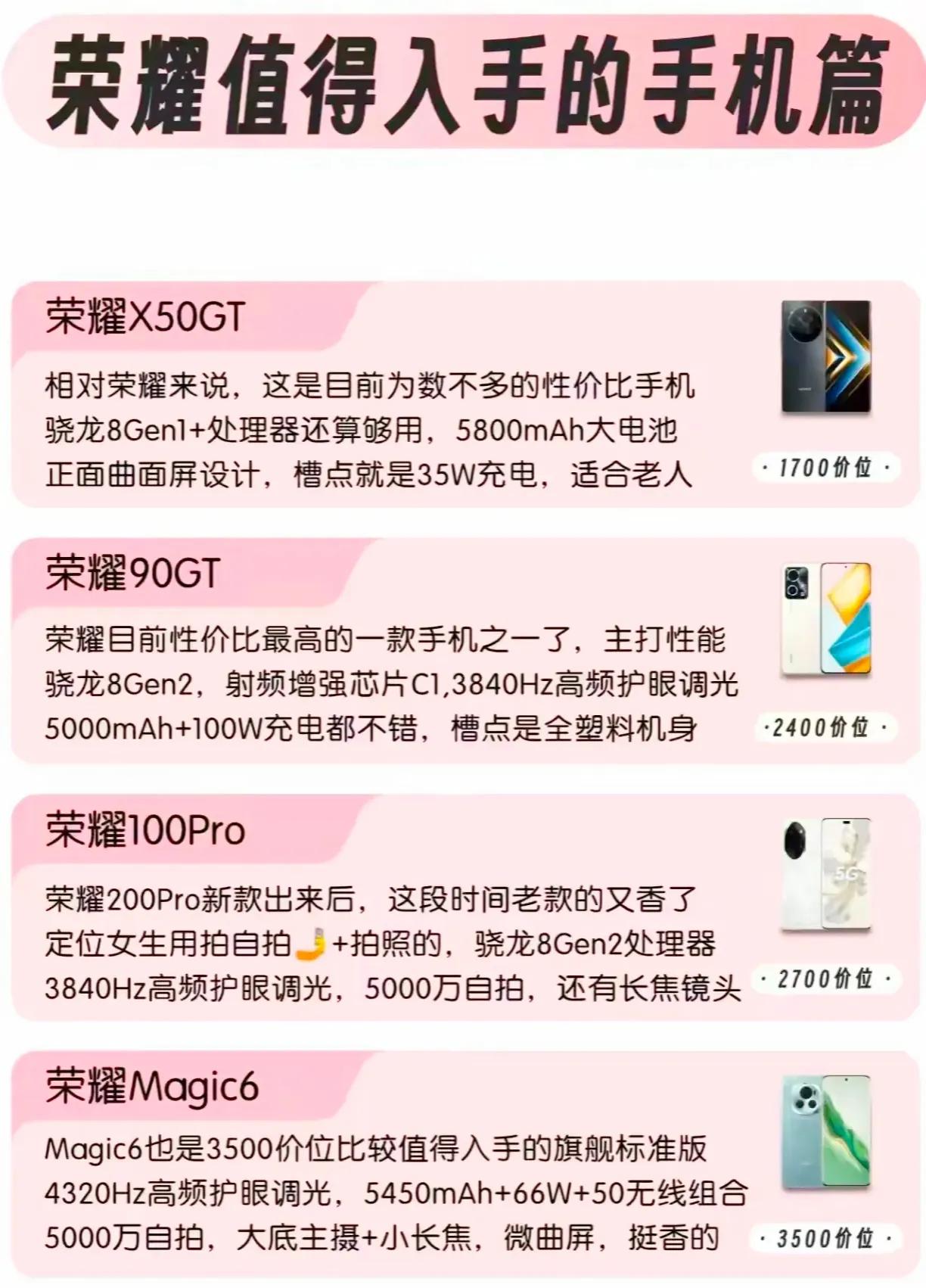 总结的太到位了！这应该是目前荣耀手机中不会犯错的购机指南，每一款都性价比满满。那