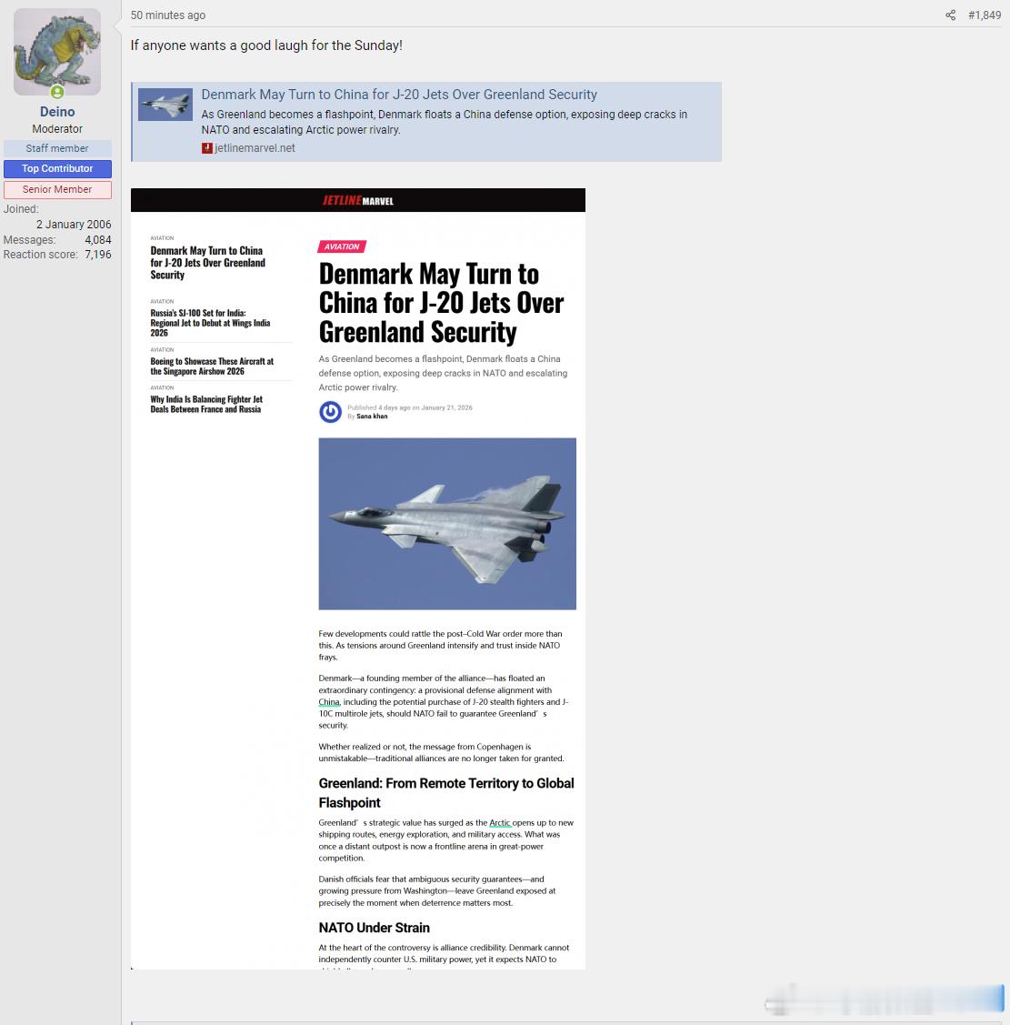 日耳曼赢学 丹麦欲购买J20部署格陵兰？➡️目前J20没有外贸型存在德国小黄人发