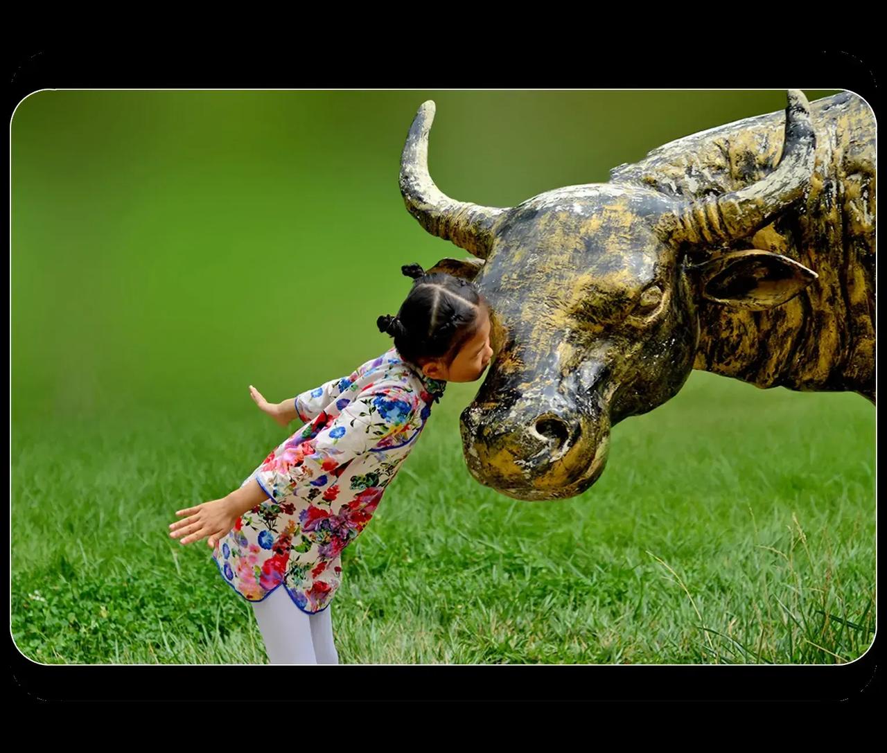 《牛，不是真牛》
童趣，小姑娘看见牛的雕塑，太兴奋了。

【原创】
  #中国摄