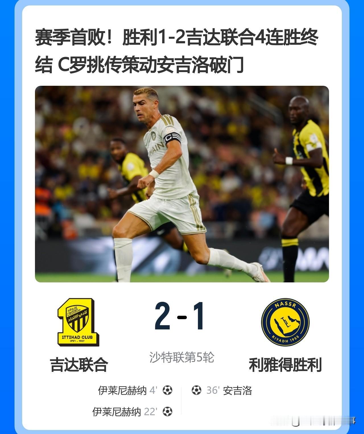 赛季首败！利雅得胜利1：2吉达联合4连胜终结，C罗挑传策动安吉洛破门难救主。
