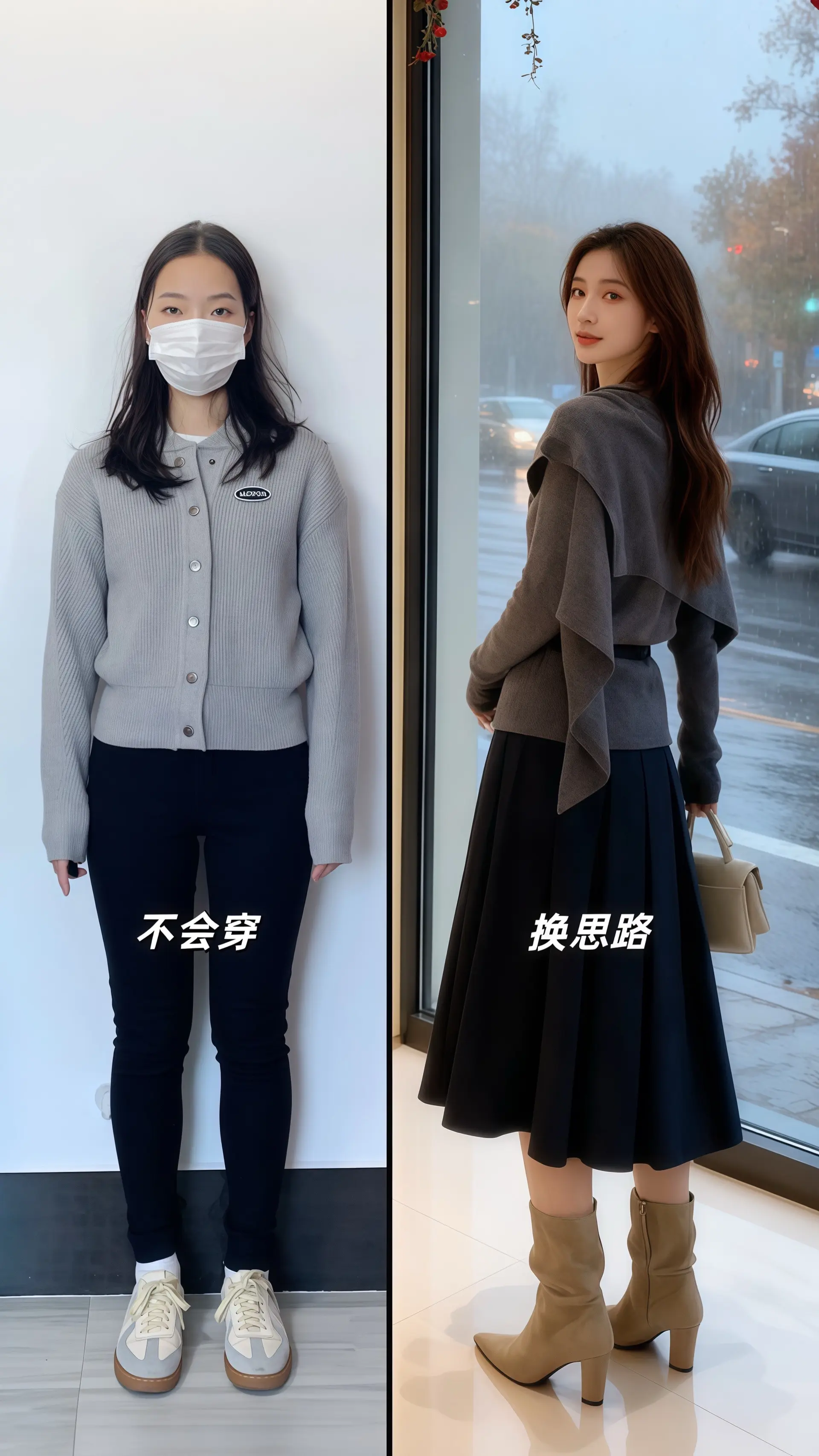 她穿着法式气质两件套，针织上衣的设计感与百褶半身裙的浪漫交织，在秋天朦...