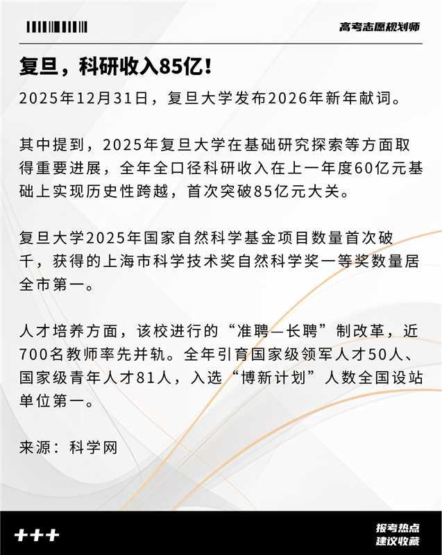 2026 高考志愿填报知识分享
 近期热点
复旦，科研收入85亿！
经常有考生在