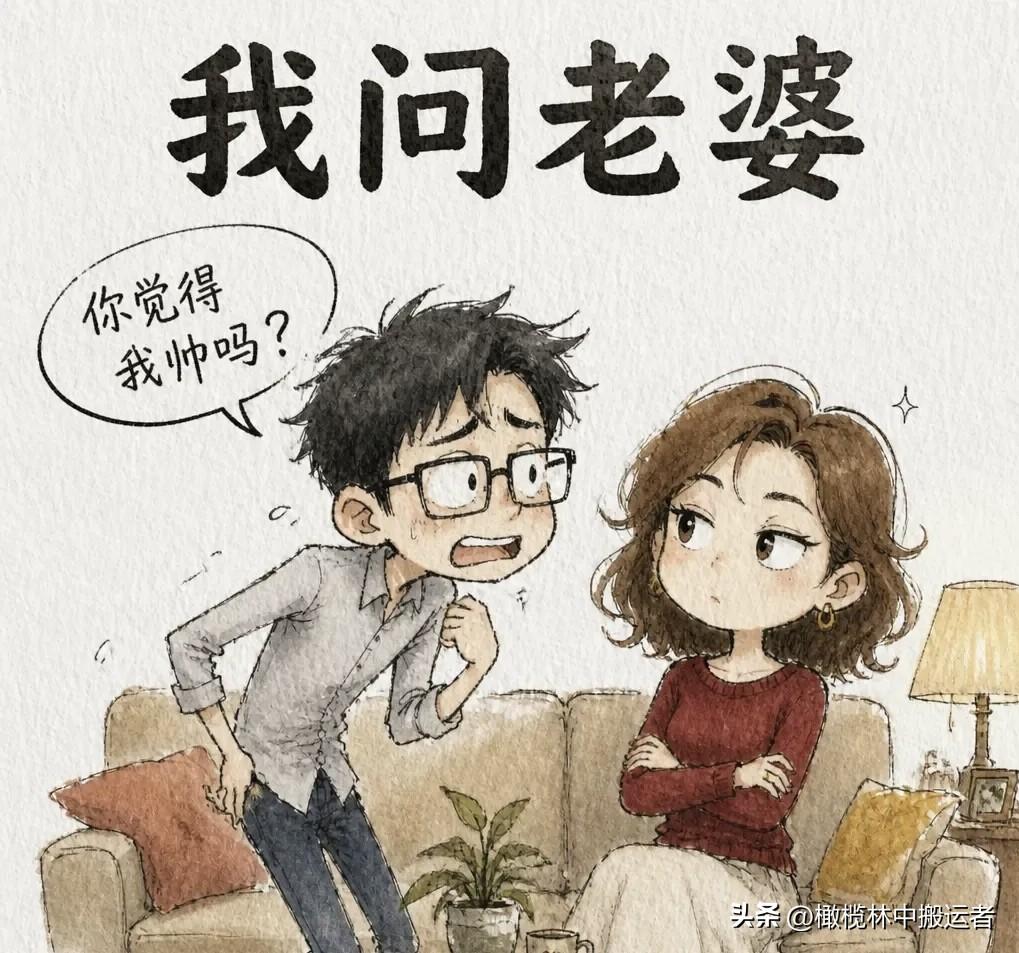 趣味漫画：我问老婆：“你觉得我帅吗？”她看我一眼：“你觉得月亮亮不亮？”我开心了