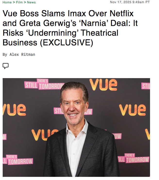 为了获得格蕾塔·葛韦格新片《纳尼亚传奇》的放映机会，欧洲最大私营院线供应商VUE