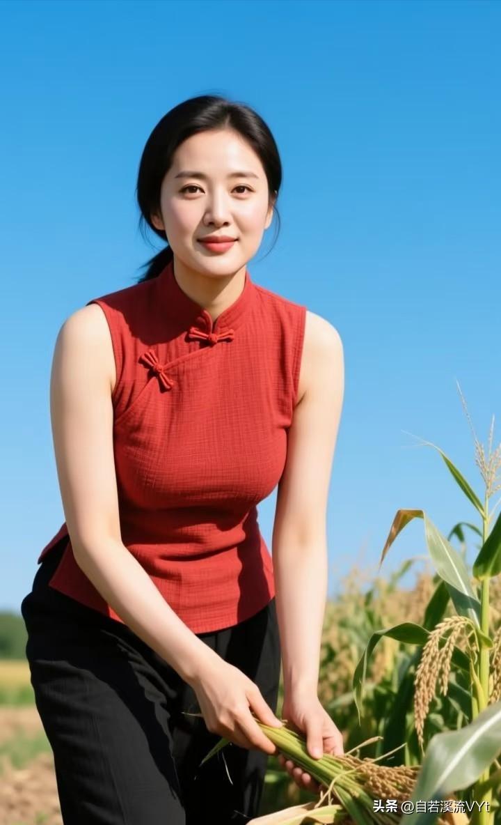 浣溪沙·田畔
 
晴野澄空碧似纱，红襟盘扣衬清嘉，手携熟穗沐朝霞。
眉眼温柔藏质