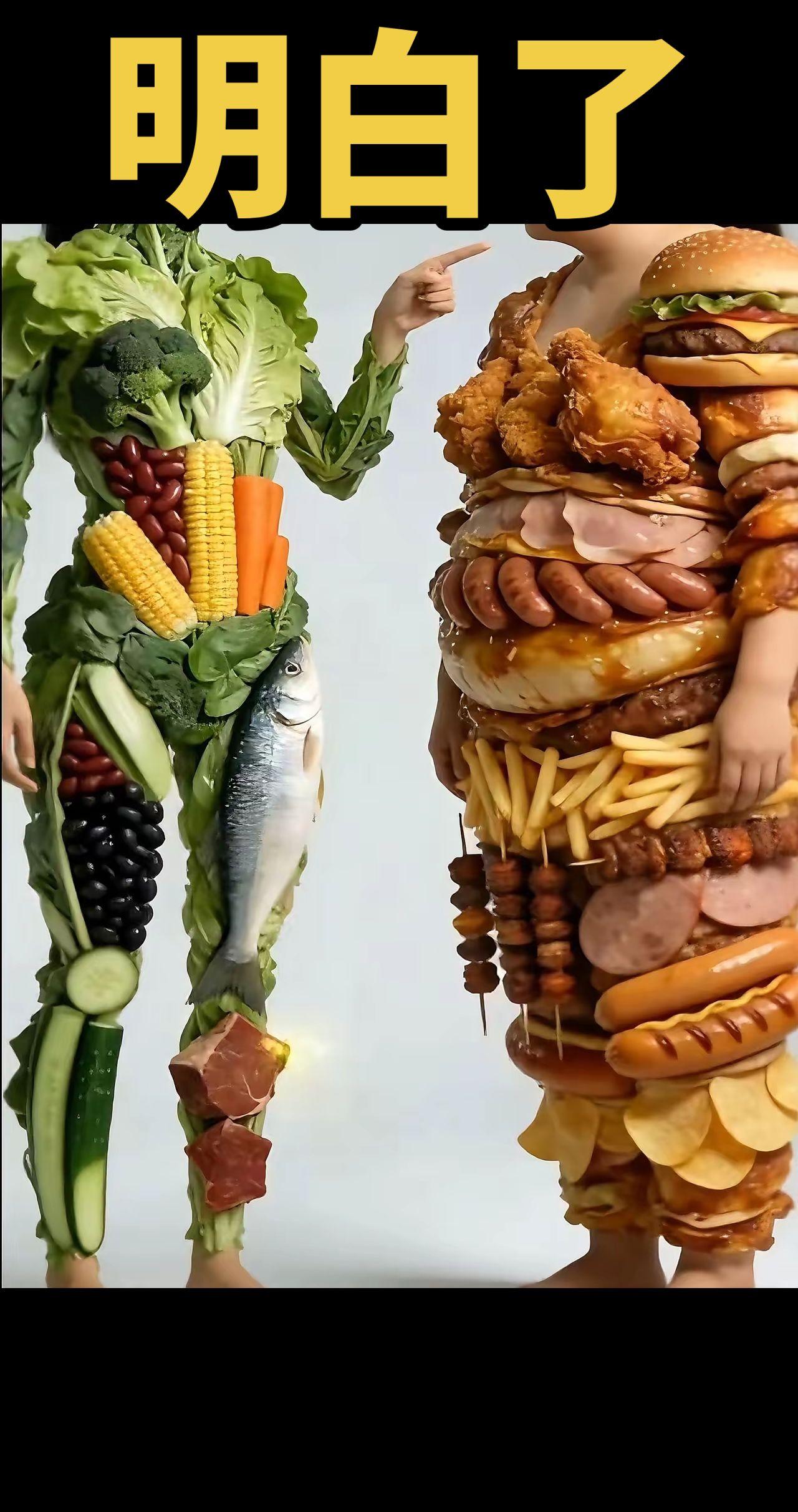 🥦左边蔬菜小人好清新呀，🥓右边肉食大军有点“膨胀”～✨这对比也太形象了，原来