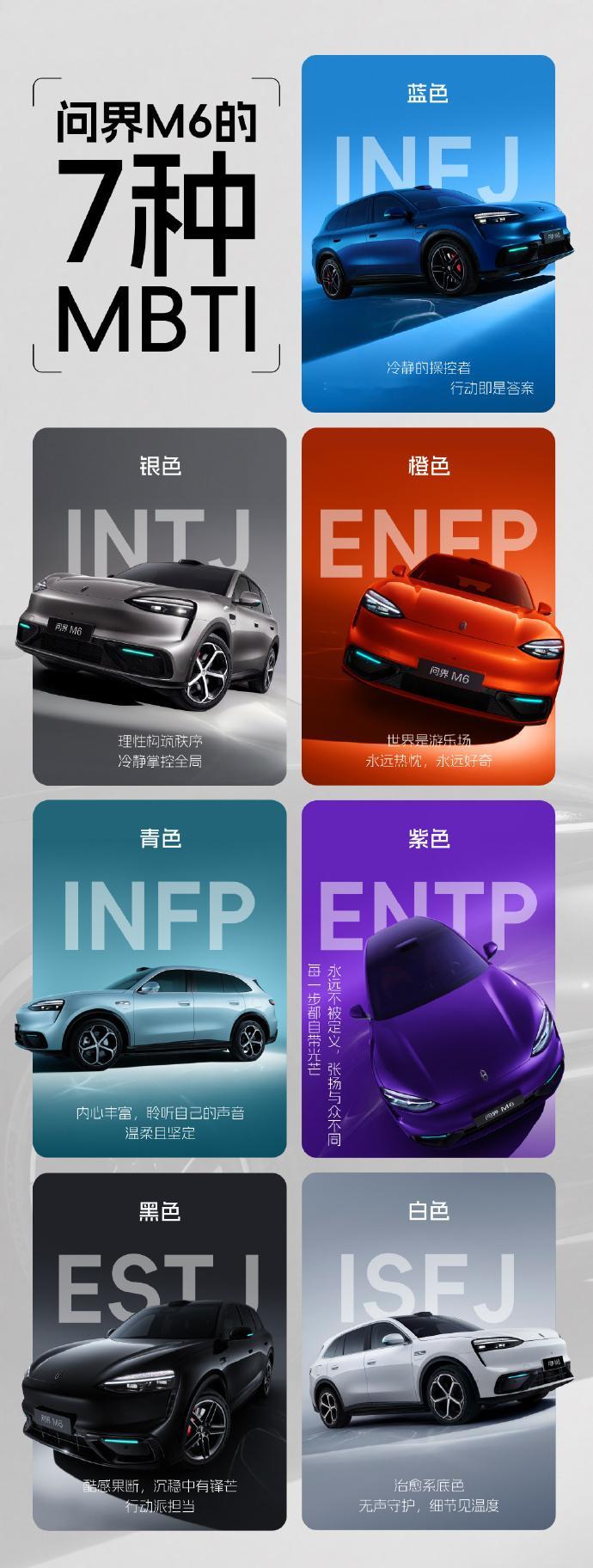 问界 M6 七款车色太懂年轻人蓝动感橙橙热情紫神秘颜值直接拉满出行好心情。 