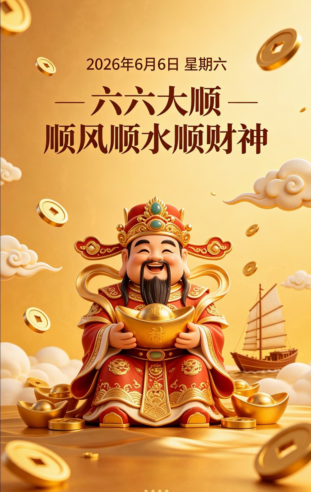 今天是2026年6月6日星期六祝大家六运齐聚万事昌，六喜临门纳吉祥！在家顺，在外