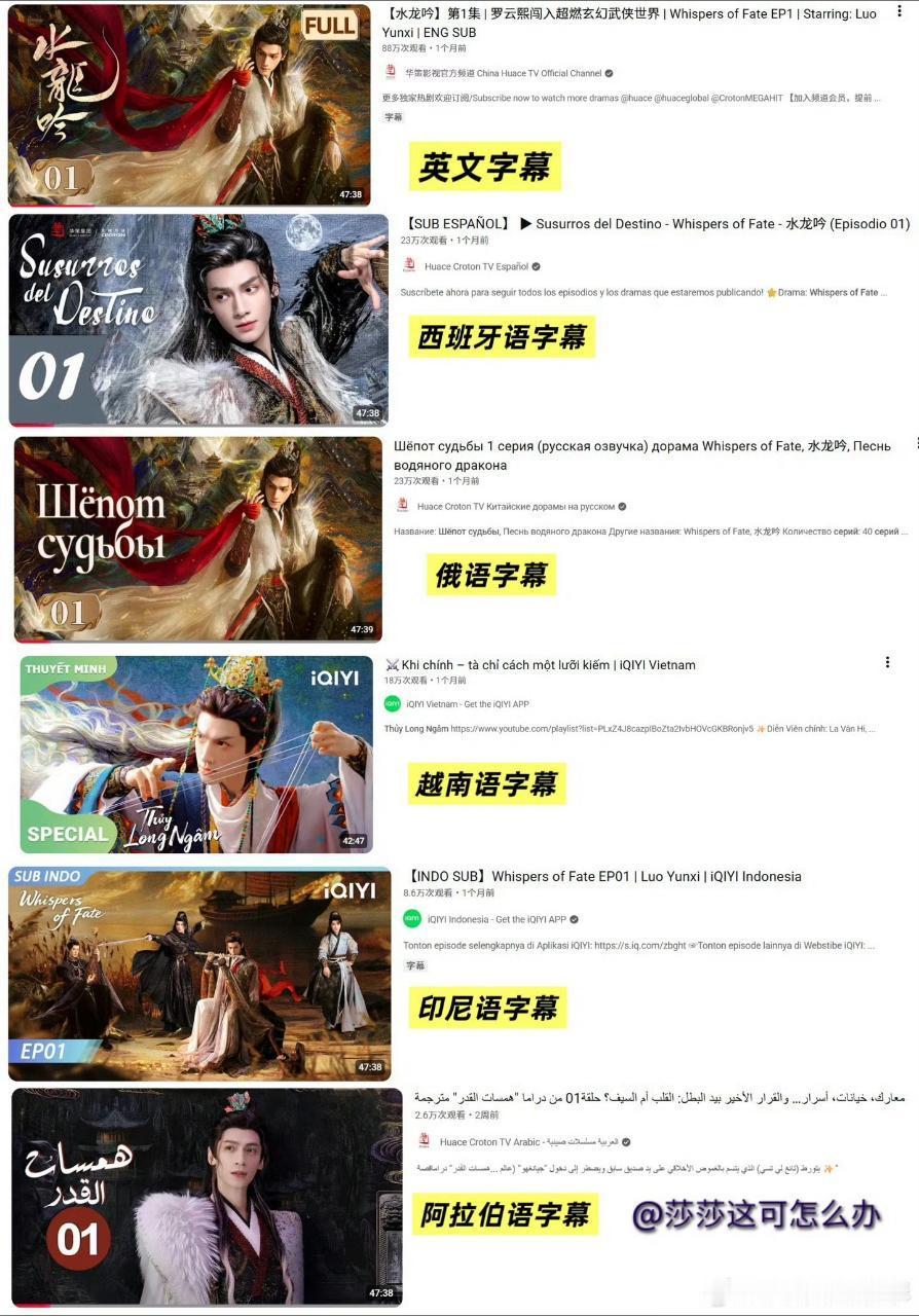 罗云熙水龙吟YouTube油管华策频道累计播放量达到837万。英语、西班牙语、俄