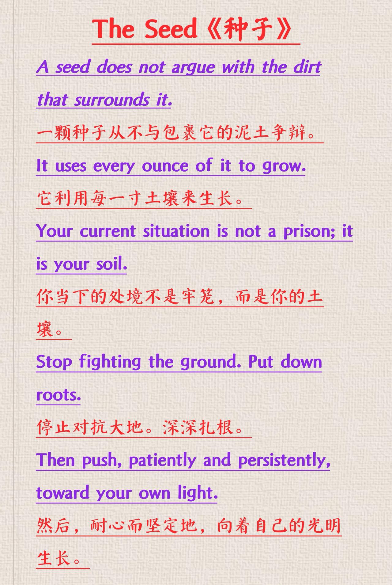 英语励志经典《The Seed》种子
A seed does not argue