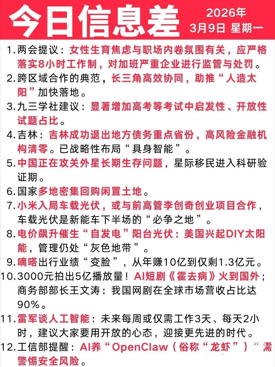📆今日信息差  3月9日核聚变产业链、具身智能及AI安全成发展重心🕒【两会声