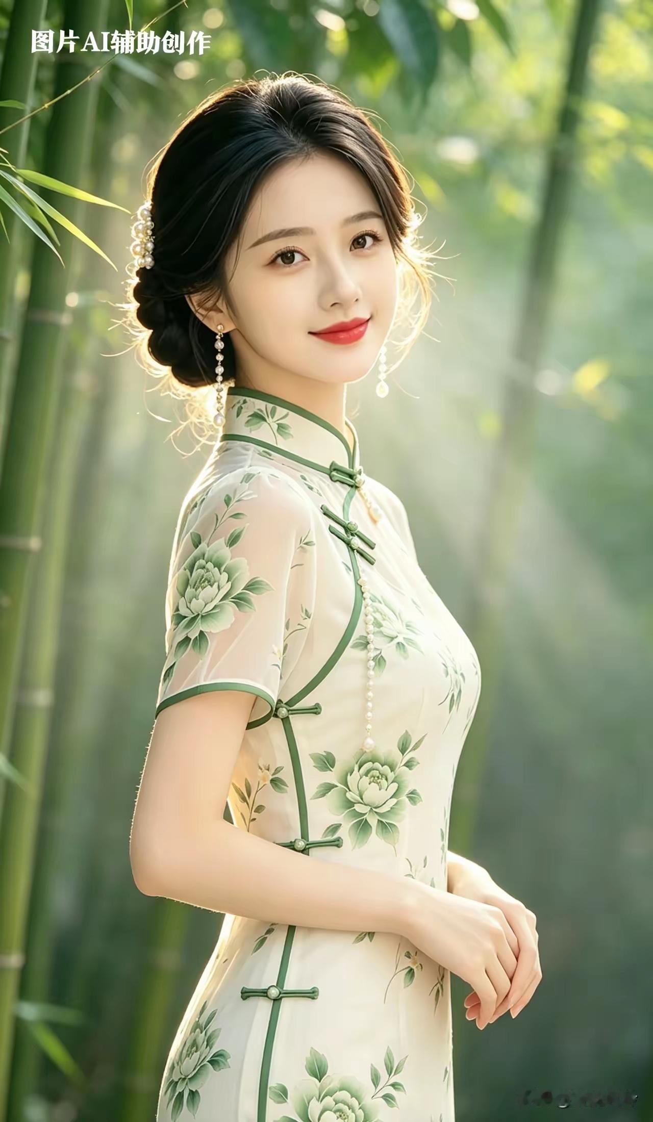 一个穿旗袍的姑娘在竹林里拍照。