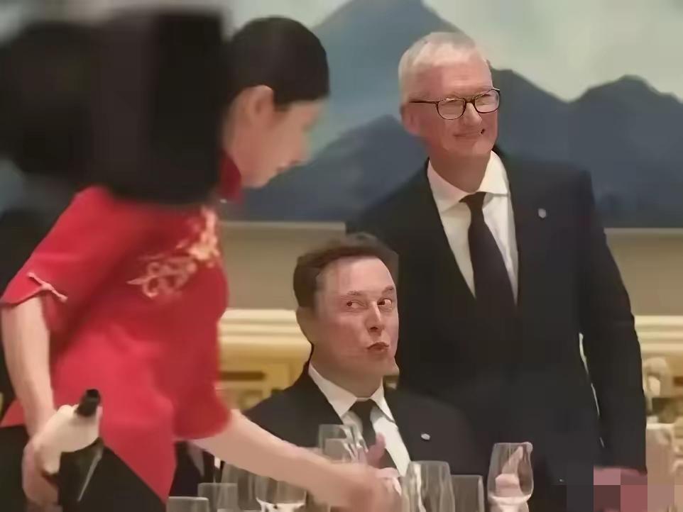 咱也不知道这个美女服务员的长相，不过能在这个级别的宴会上服务，再加上马斯克这个眼