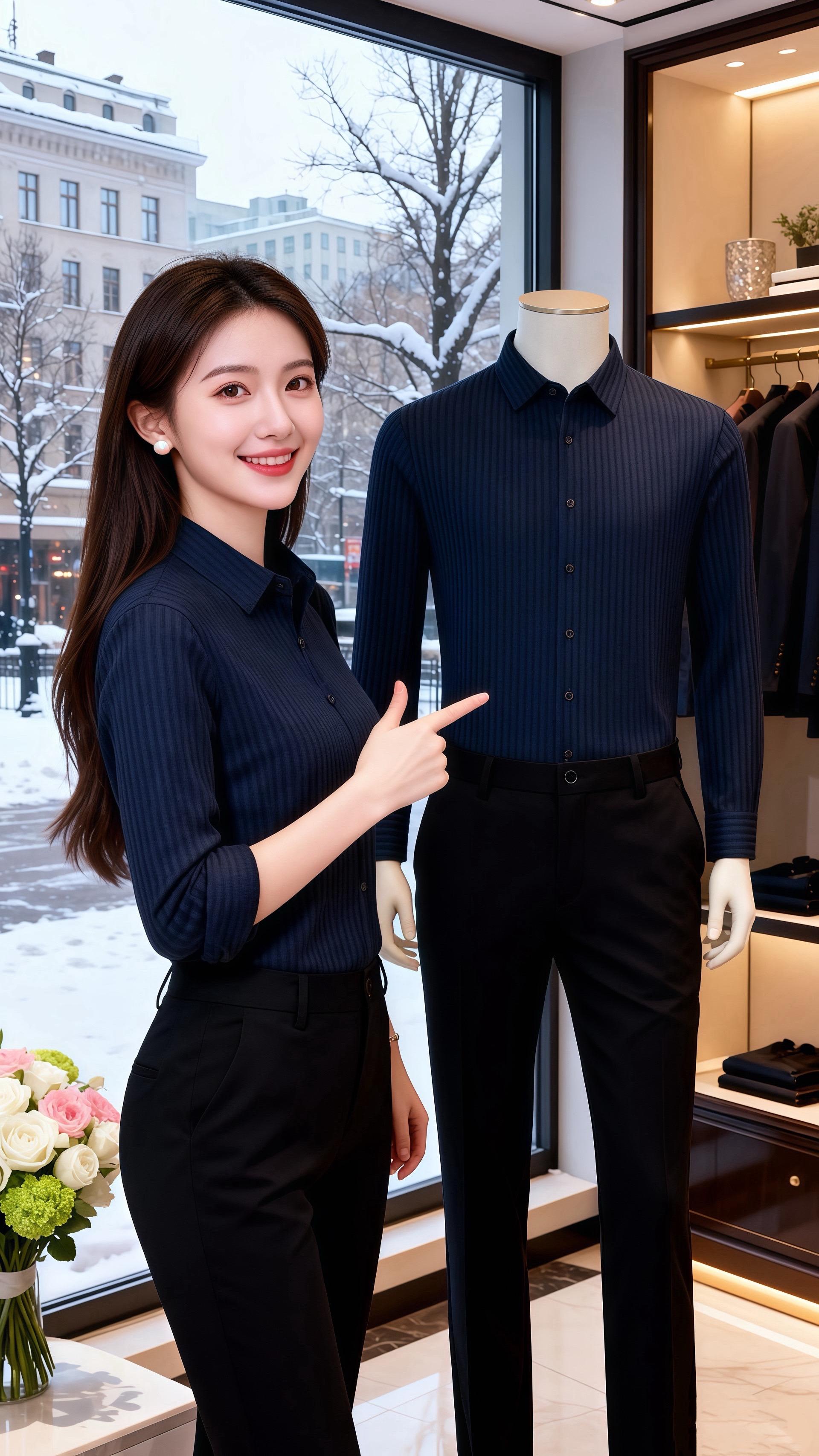 藏青竖纹雪意  北城的雪裹着落日的橘光，皓明推开男装店旁的咖啡店门，一...