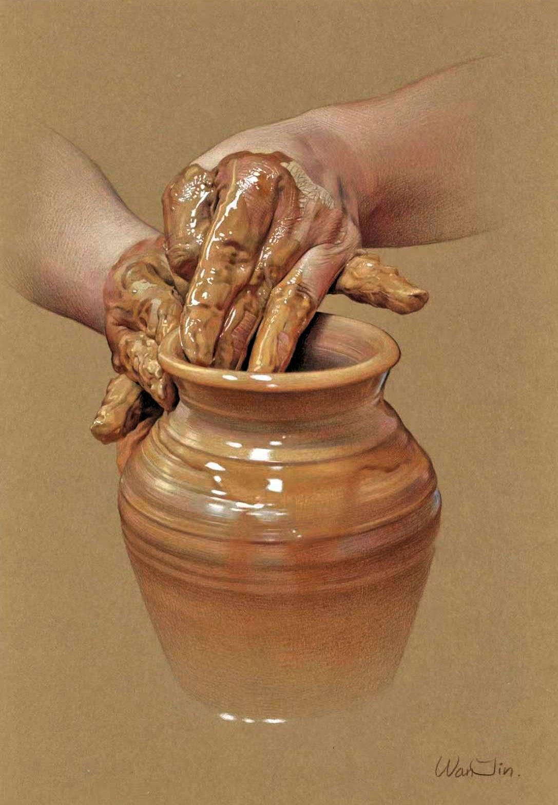 顶级彩铅画《陶罐与手》
画画并非一定要像有些人那样，画得如同照片一般，若如此的下