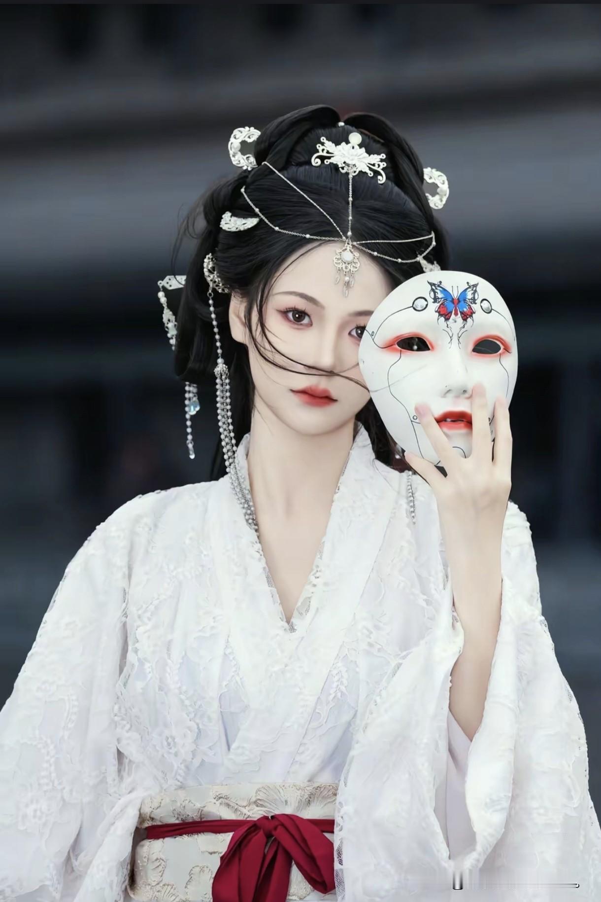 像是从山水画里走出的仙子。
身畔是碧波荡漾的江水，
身后是连绵起伏的青山。
不需