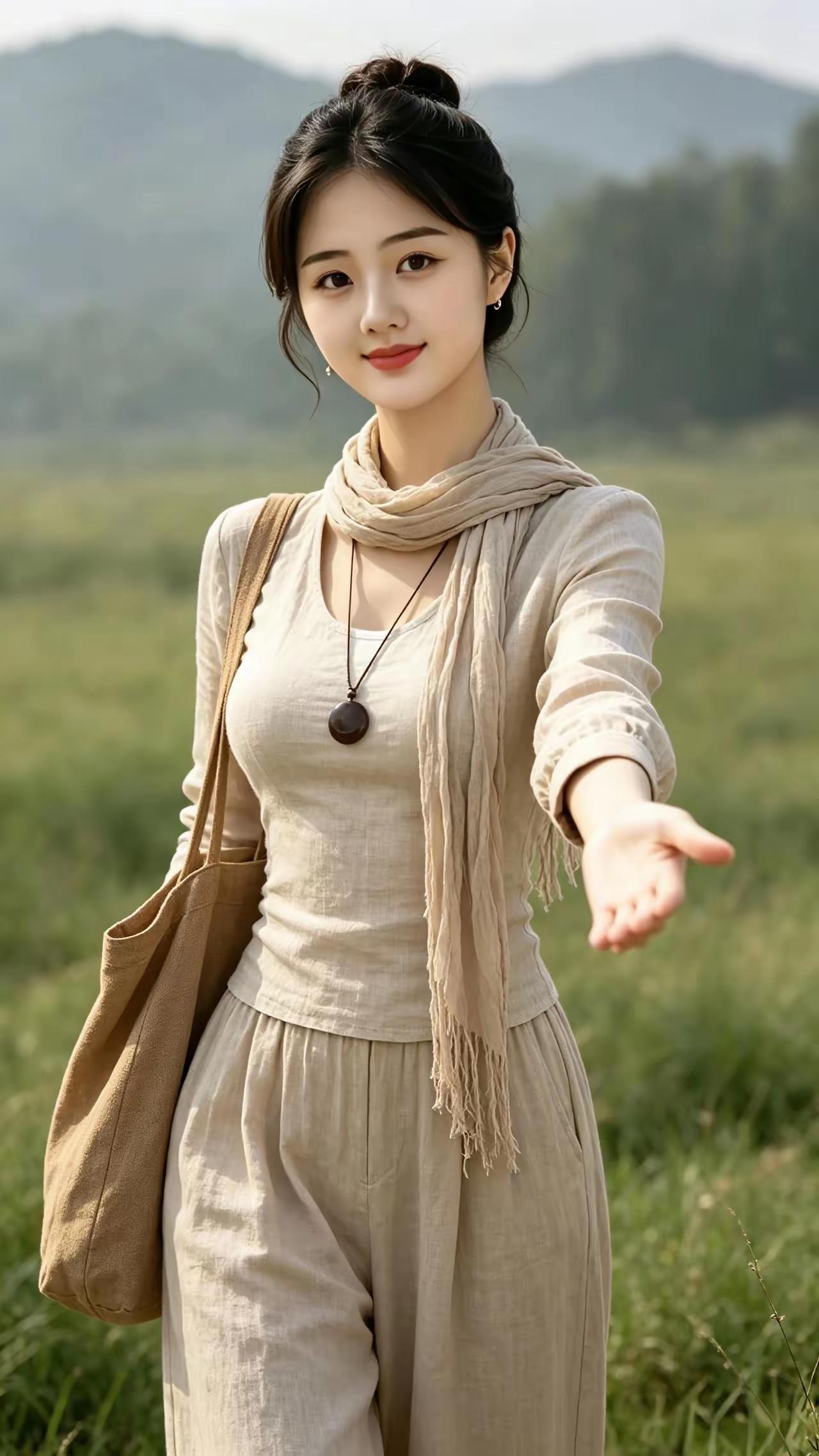 这位美女在草地上伸出手，好温柔。
