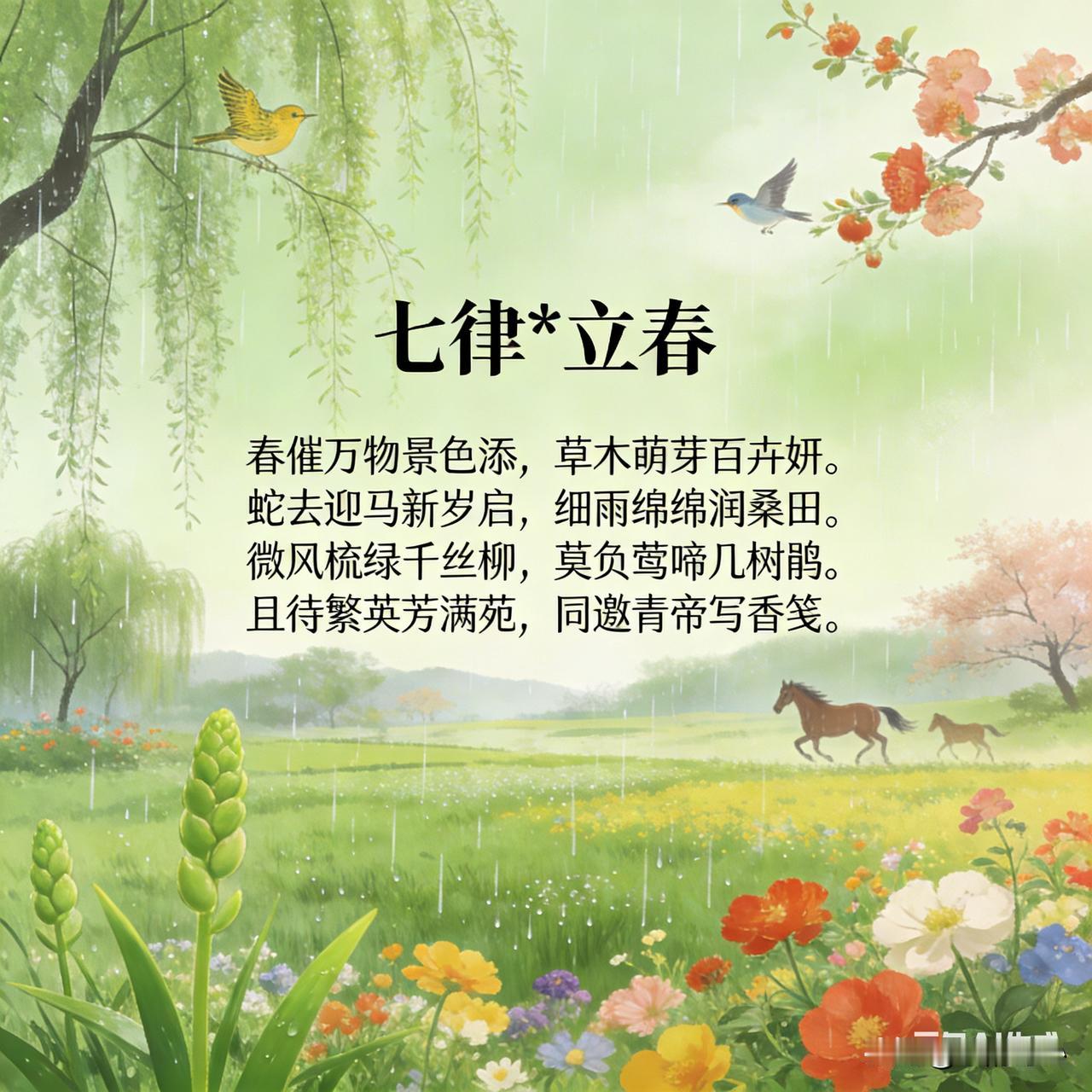 《七律*立春》乐韵诗心原创诗词:
春催万物景色添，
草木萌芽百卉妍。
蛇去迎马新