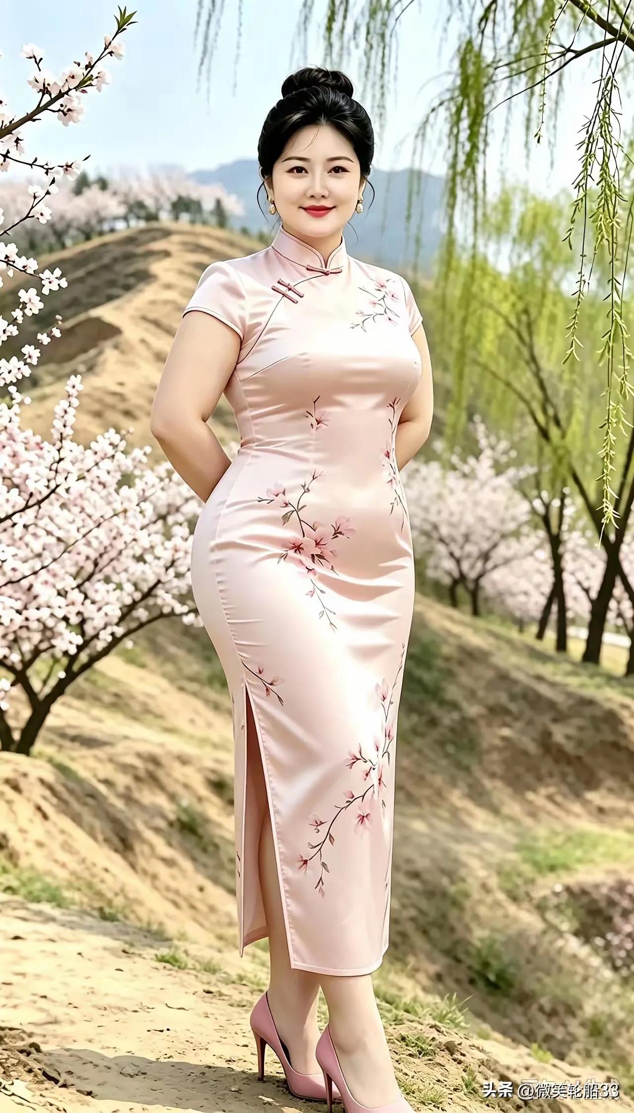 柳荫深处，桃花树下。丽人身穿浅色旗袍，和附近景色相吻合，活脱脱一个桃花仙子！