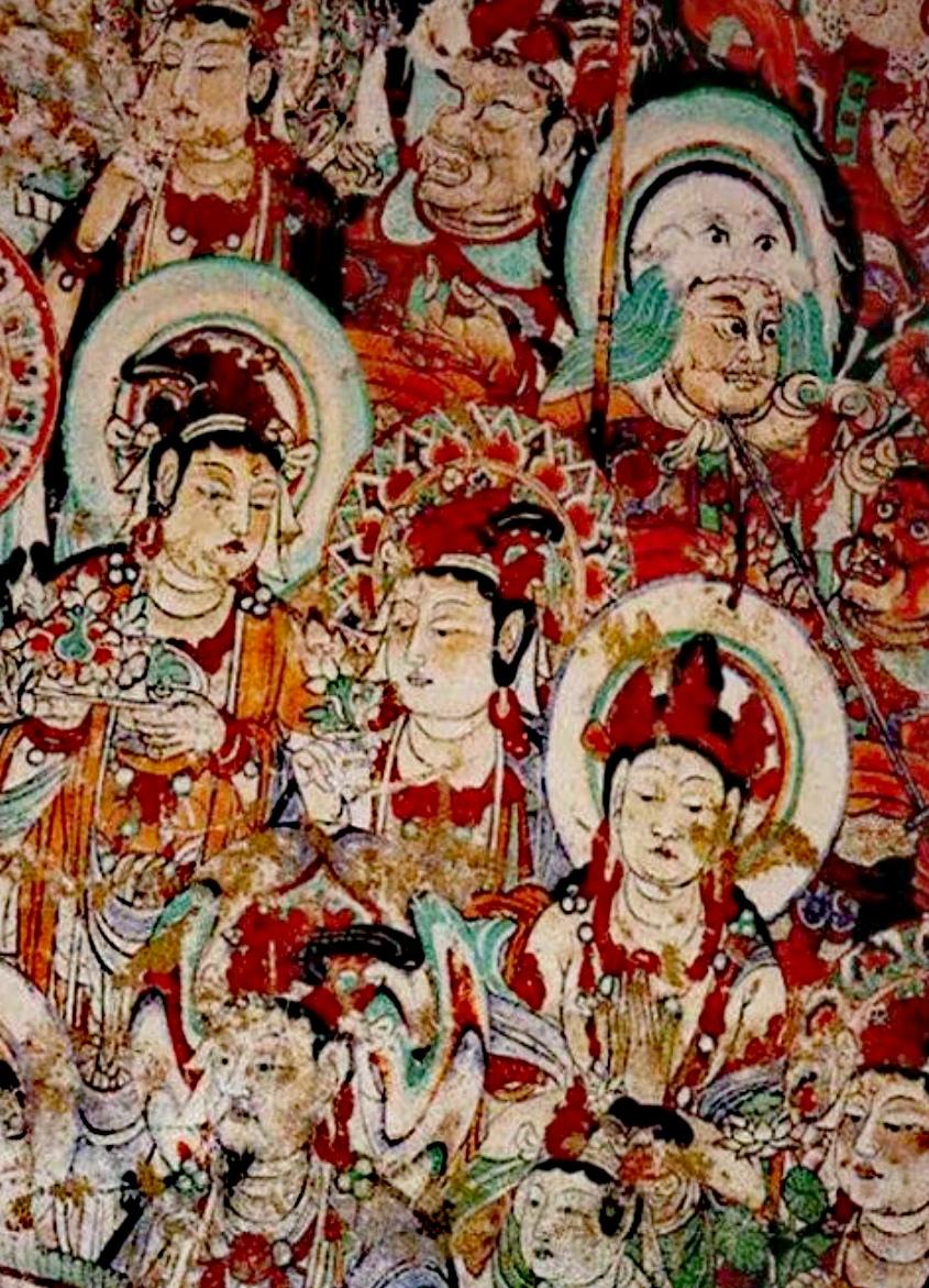 莫高窟五代十国&宋壁画。莫高窟五代、宋时期壁画以经变为主，题材内容由前代相传，随着建造技术的进步洞窟规模扩大。唐绘风格仍是主基调，唐绘风格对日本浮世绘影响很大，浮世绘又影响了欧洲梵高，莫奈等人的绘画风格，所以说莫高窟壁画无论人物造型、山石云气，线描赋色、结构布局、意境神韵都对世界绘画史有着不可限量的贡献。