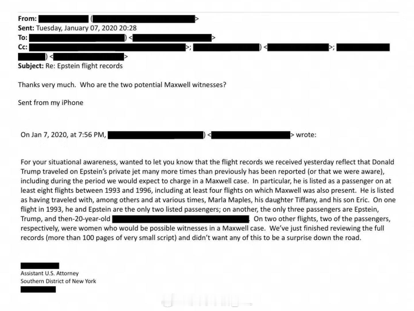 新公布的爱泼斯坦邮件显示，特朗普乘坐爱泼斯坦的飞机“比之前想象的要频繁得多”。 