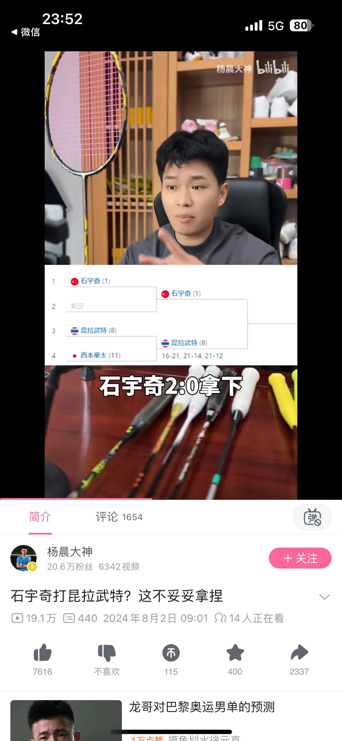毒奶这玩意真是玄学，有的人嘴简直开光，奶谁谁死，前国羽队员杨晨的预测：
“石宇奇