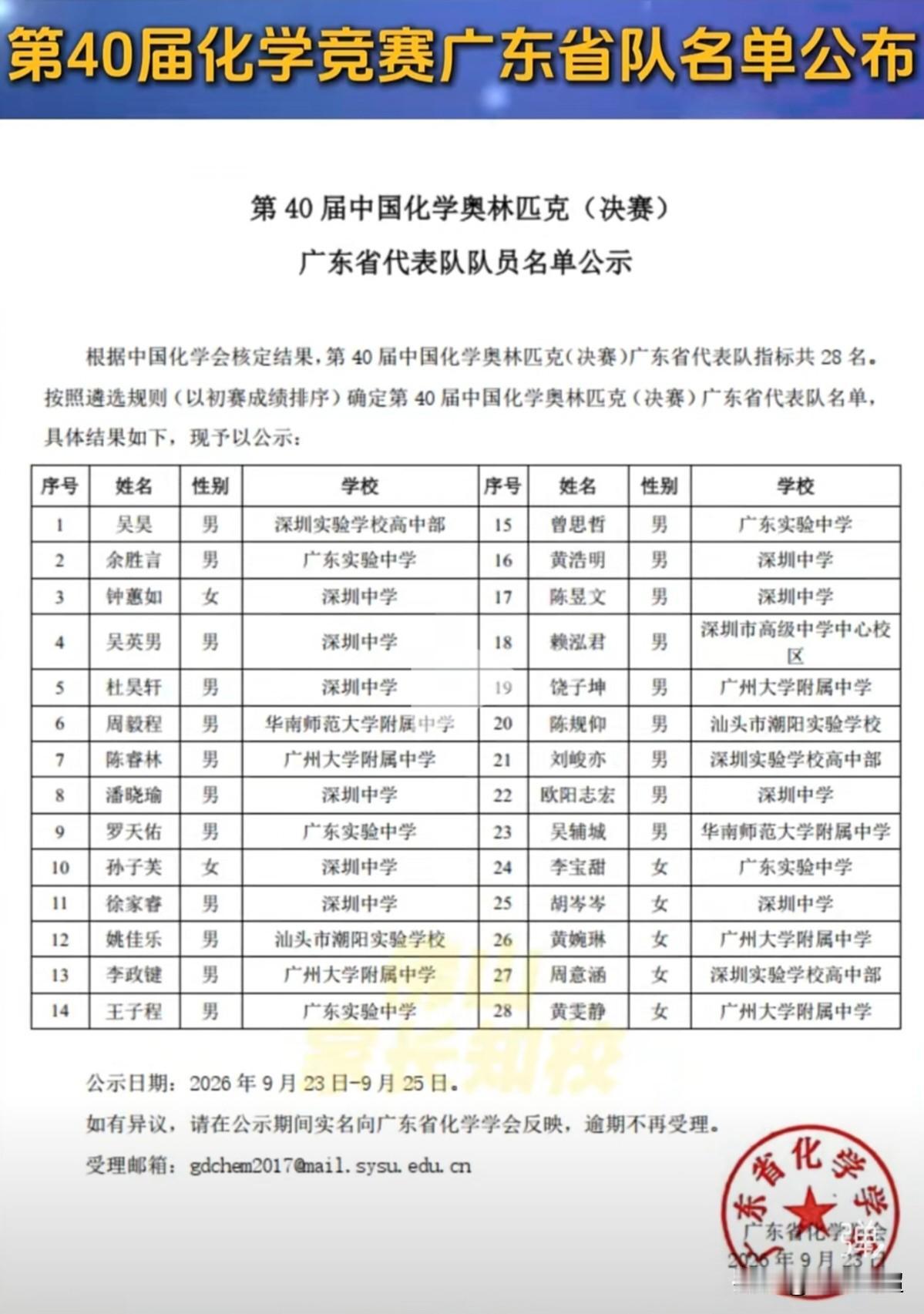 2026年第40届化学奥林匹克决赛，广东省队28人名单已公示。
本届化学国赛广东