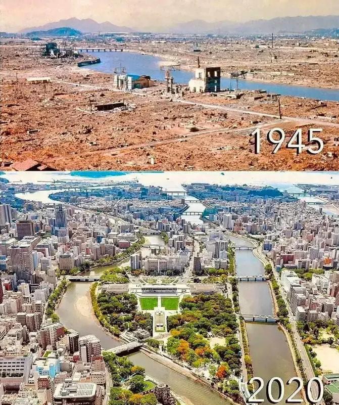 有网友扒出日本广岛1945年和2020年的对比图。

美军当年投下的原子弹发生核