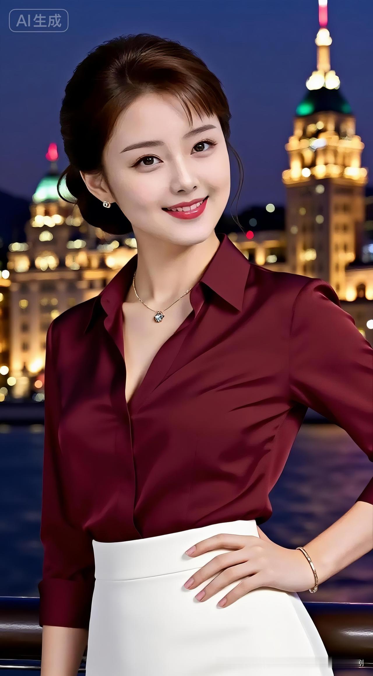 华灯初上的上海外滩夜色温婉，高挑佳人身着枣红衬衣搭配素雅白裙，颈间钻石项链耳坠璀