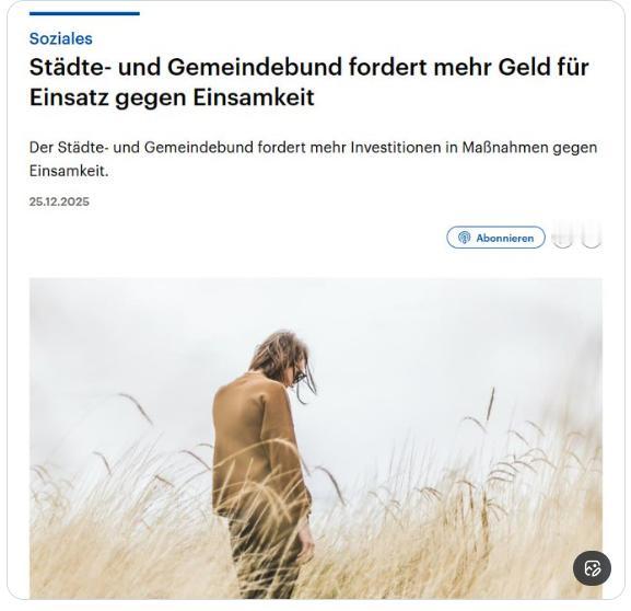 【德国希望设立一个5亿欧元的基金来对抗孤独。】据德国广播电台报道，该提案来自德国