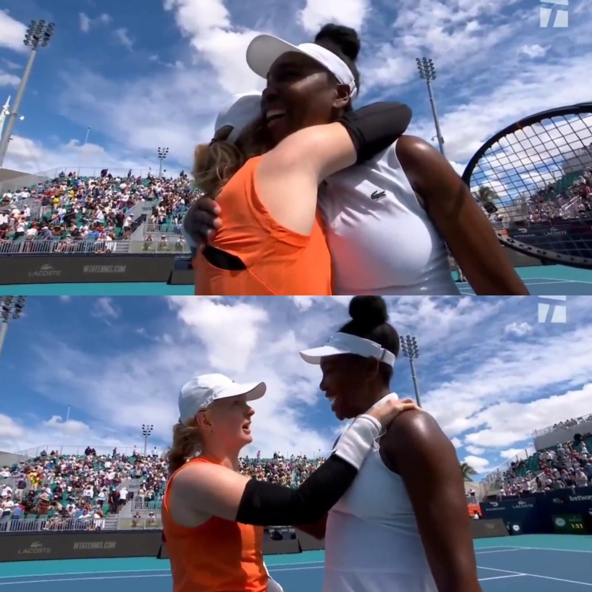 昨晚熬夜看到大威廉姆斯输给了英国姑娘琼斯的比赛。双方在网前互动非常有爱，琼斯告诉