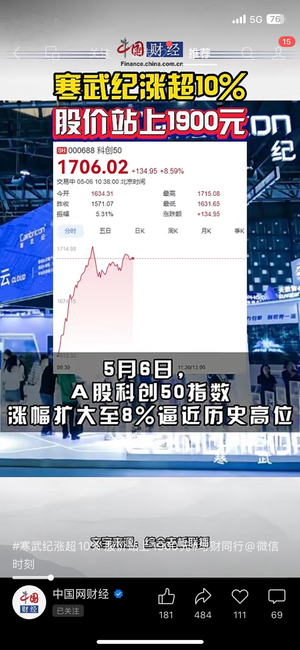 A股“股王”再易主！寒武纪暴涨13%站上1900元
AI算力龙头寒武纪直接炸了，