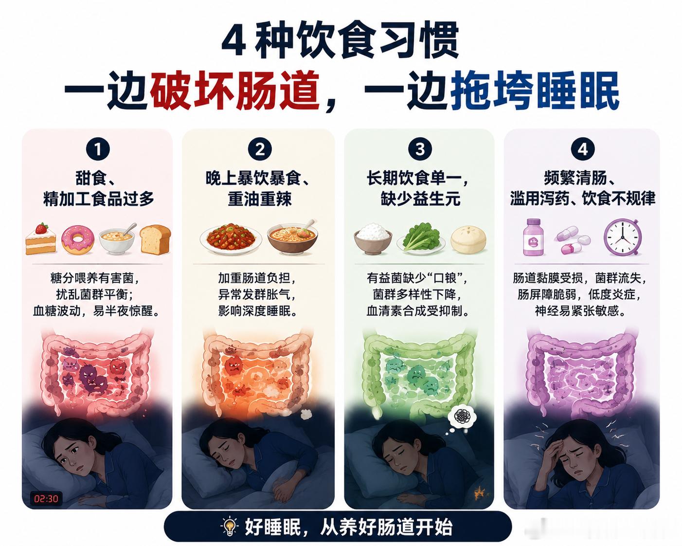 微博睡眠月好梦安睡局 4种饮食习惯正在破坏你的肠道，拖垮你的睡眠 