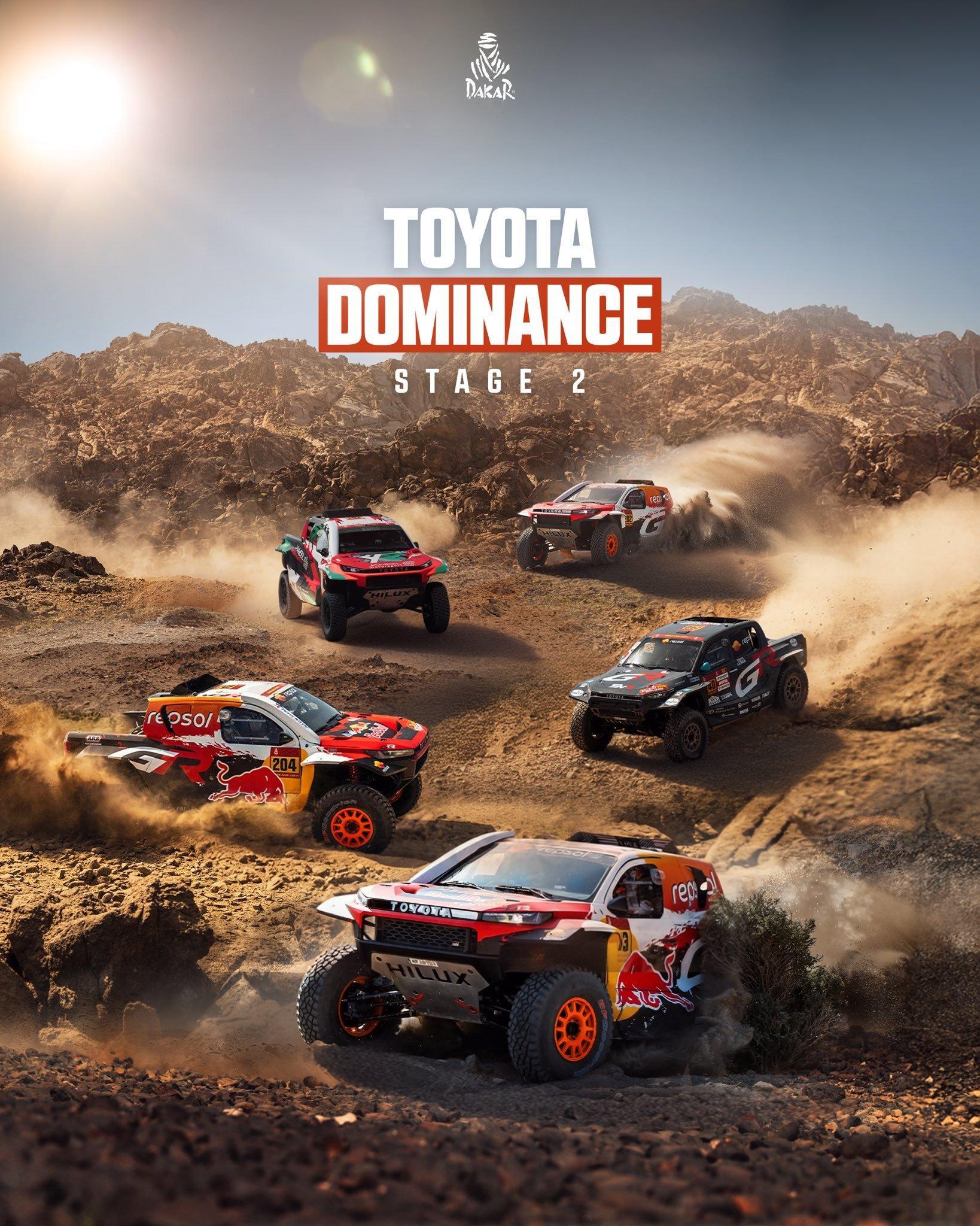 2026达喀尔拉力赛第2赛段跑完，汽车组部分丰田阵营表现出色占据前五，厂队车手金