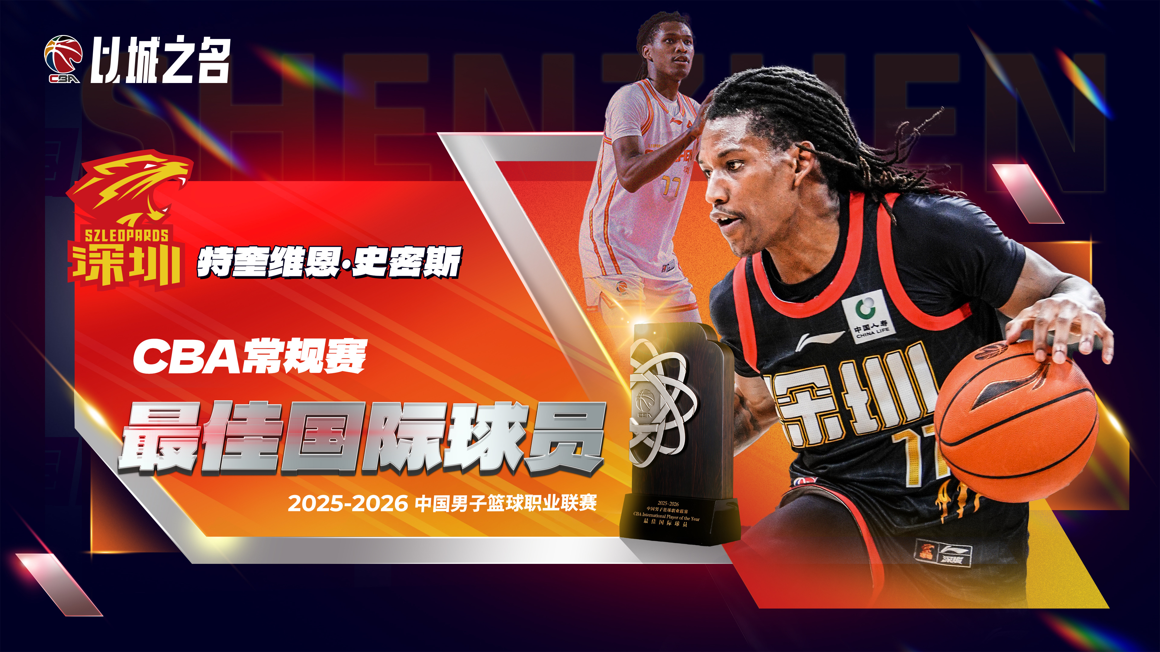 2025-26赛季CBA最佳国际球员：特奎维恩·史密斯（深圳）。感觉深圳要包揽双