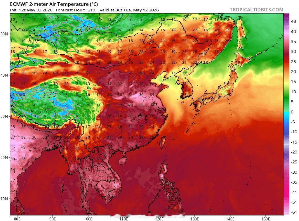 气象观察团 五月中旬前中期，华北南部 黄淮等地可能会出现≥35℃的高温，这是经典