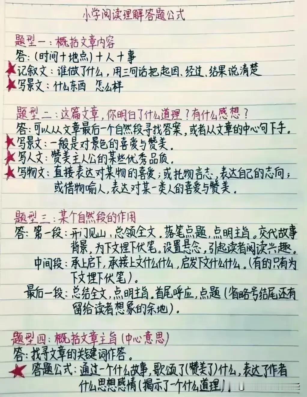 我无意间发现孩子班上语文成绩优异的孩子，把阅读理解的答题公式模板手写出来，什么主