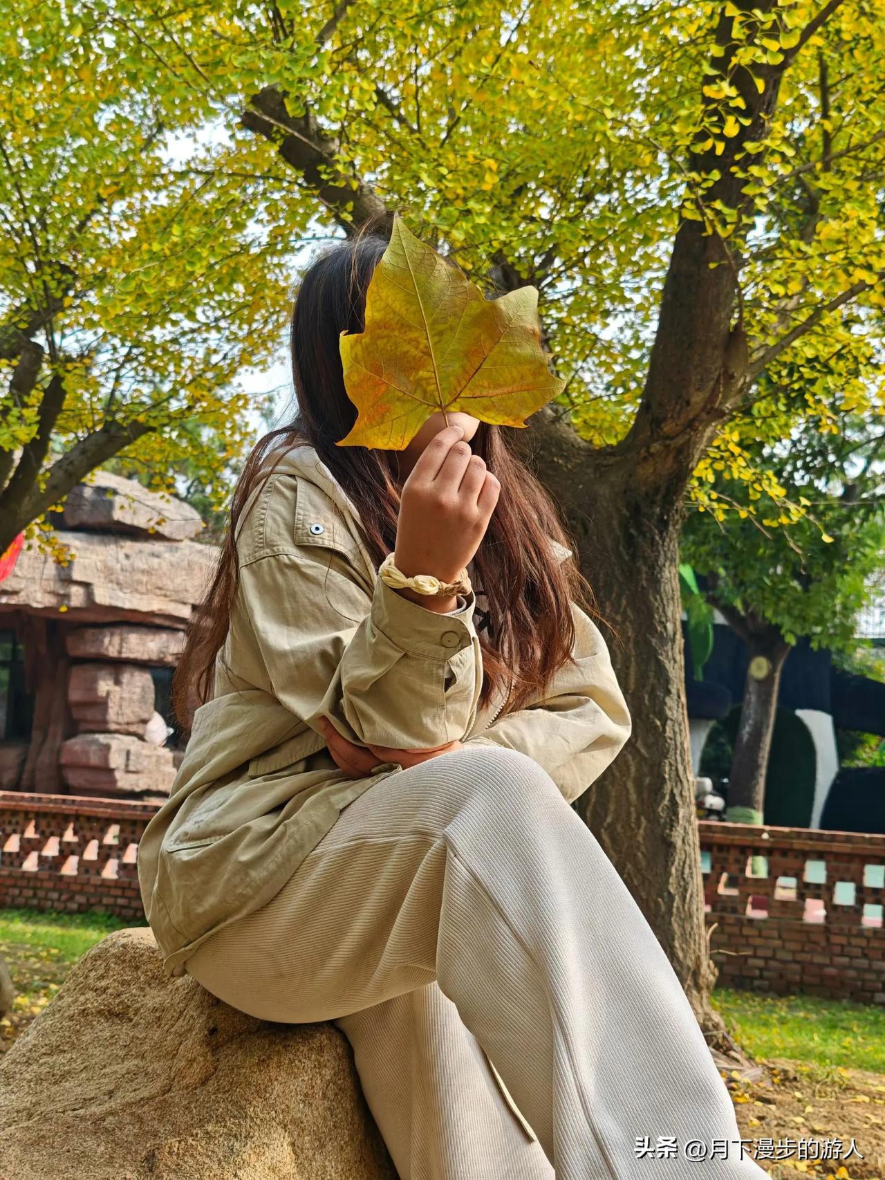 今天出门闲逛，在公园瞧见棵超好看的树，叶子黄得正温柔。我捡了片大叶子，往脸前一挡
