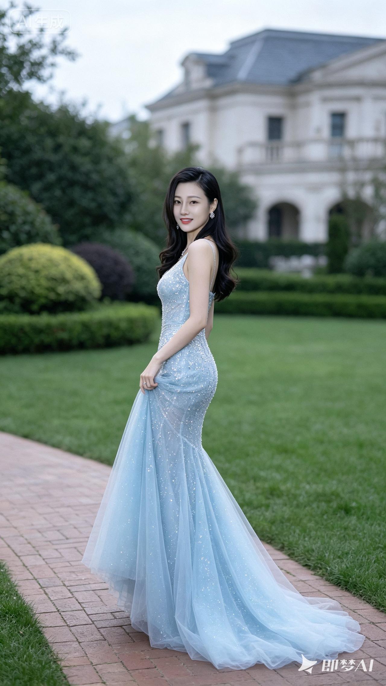 一个美女穿着蓝色礼服在花园里拍照。