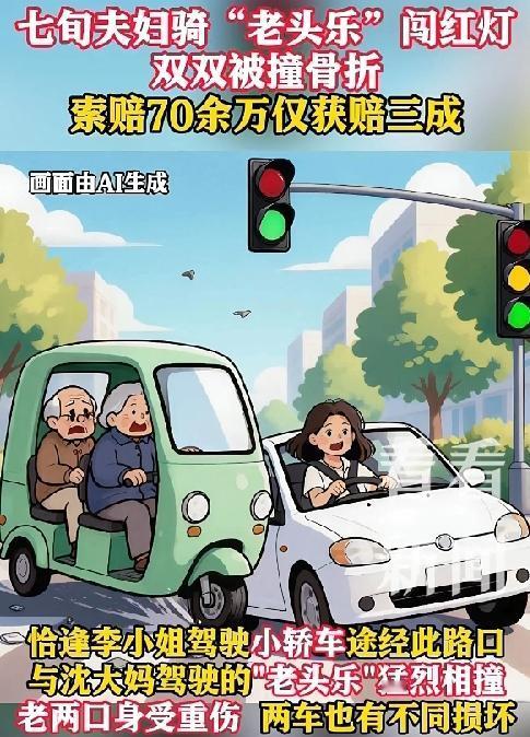 到哪说理去？上海老头乐闯红灯撞小轿车，一对70多岁老夫妻骨折索赔70万！交警判责