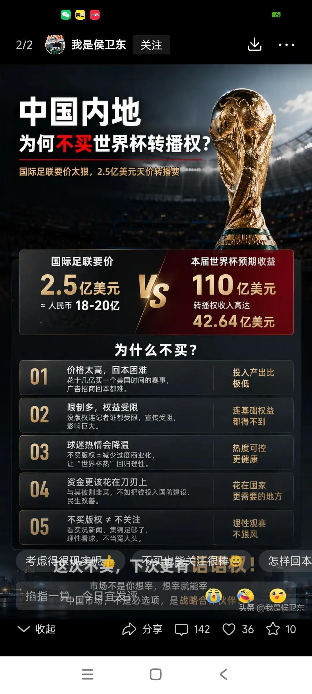这下世界杯转播权，要2.5亿美金，相当于20亿人民币，太贵了，，，
主要是中国队