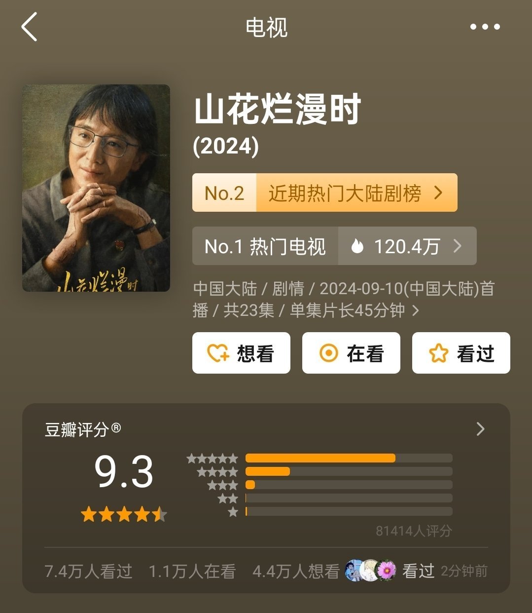 【宋佳主演从开画9.0涨到9.3分】#山花烂漫时#口碑长尾厉害，已涨到9.3分了