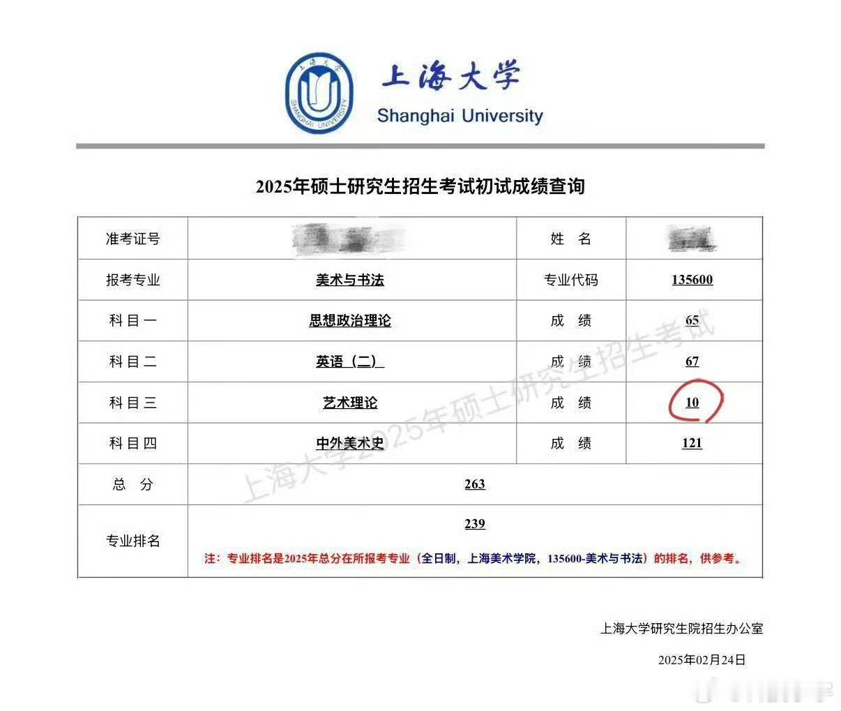 上海大学回应女生考研专业课10分 打10分的是《艺术理论》，听着感觉应该是专业基