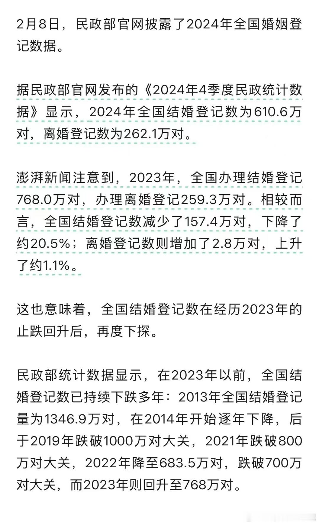 2024年，全国新结婚610万对离婚262万对2023年，全国新结婚768万对离