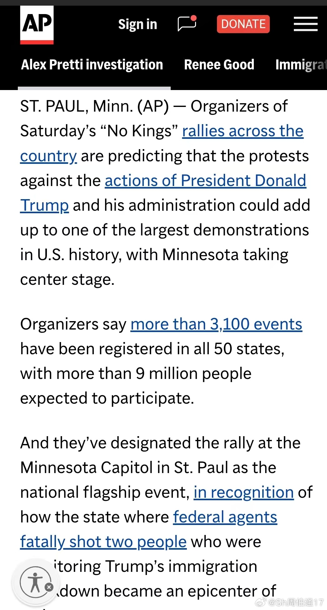 美国时间周六，NO KINGS运动全美3100场，预计900万人参与，美国历史上